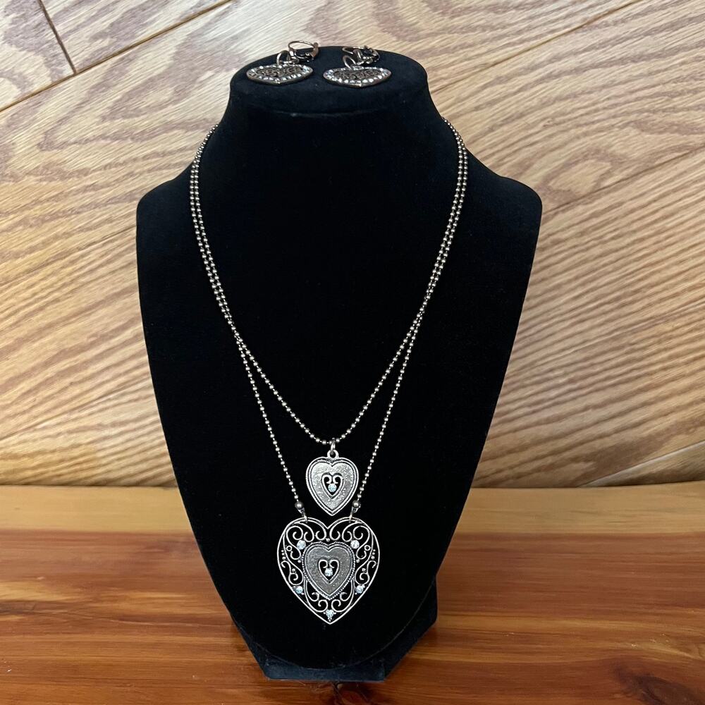 Bronze Necklace Earrings Set 4 Pieces Hearts Delicate Celtic Filigree Crystal